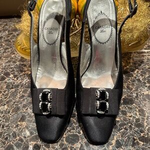 Vintage Casadei black satin evening sling back rhinestone trimmed pumps